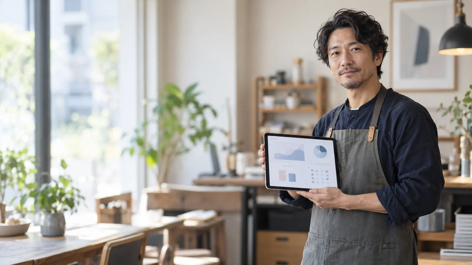 新しい管理システムを入れたタブレットを持つ経営者のイメージ