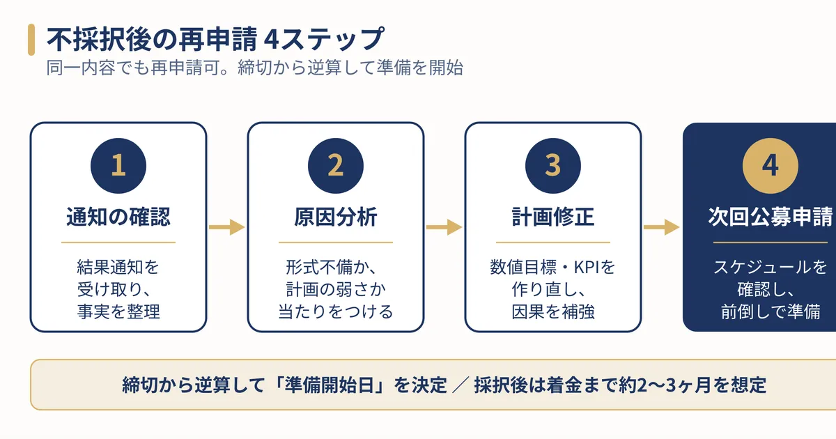 不採択通知から原因分析・計画修正・次回公募申請までの再申請4ステップのフロー図