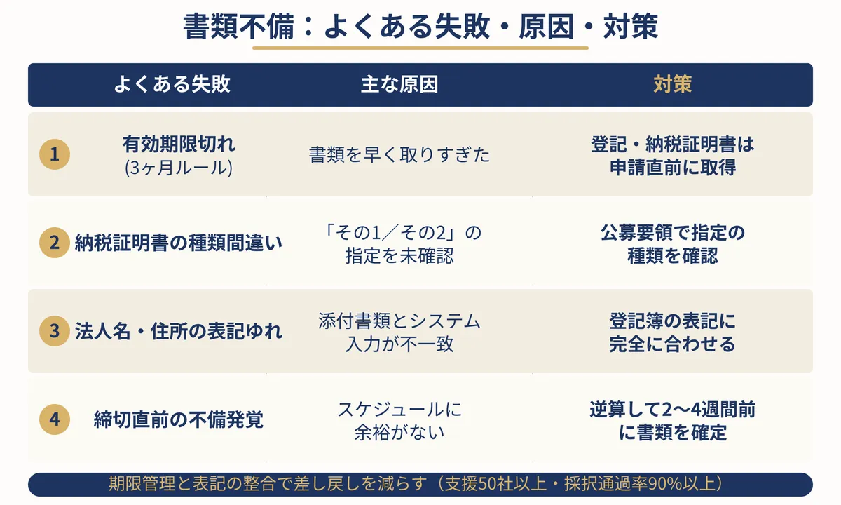 書類不備の「よくある失敗・原因・対策」を整理した比較表の図解