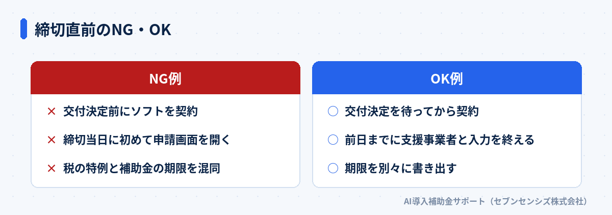 締切直前のNG・OK: 交付決定前に契約せず待つ、前日までに入力を終える、税の特例と補助金の期限を分けて書き出す