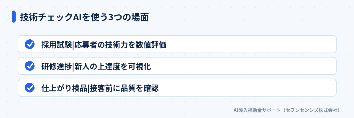 技術チェックAIを使う3つの場面: 採用試験は応募者の技術力を数値評価、研修進捗は新人の上達度を可視化、仕上がり検品は接客前に品質を確認
